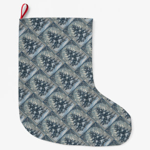 Elegant Christmas Yule Tree Snowflakes and Stars Large Christmas Stocking