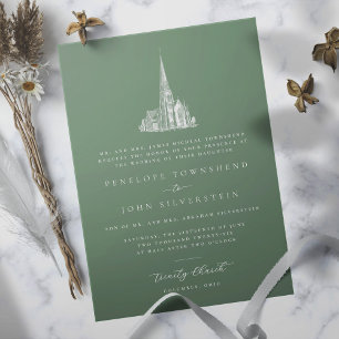 Elegant Church Illustration Green Formal Wedding  Invitation