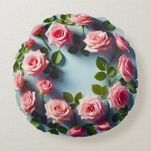 Elegant Circular Arrangement of Pink Roses Round Pillow