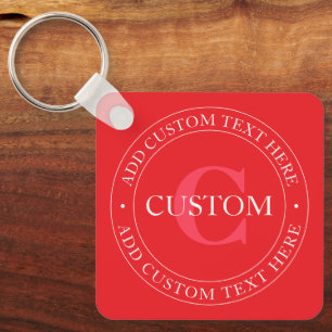 Elegant Circular Text Template Editable Red White Keychain