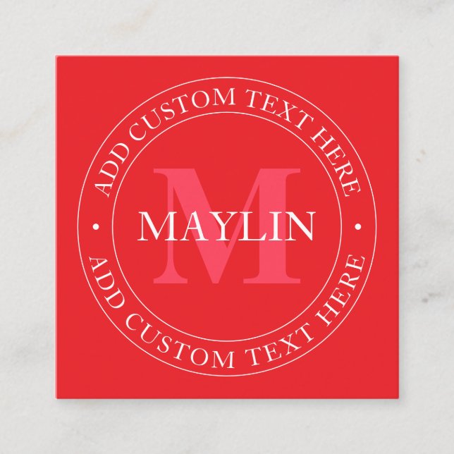 Elegant Circular Text Template Editable Red White Square Business Card (Front)