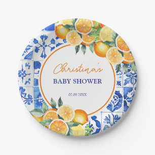Elegant Citrus Blue Tiles Baby Shower Paper Plate