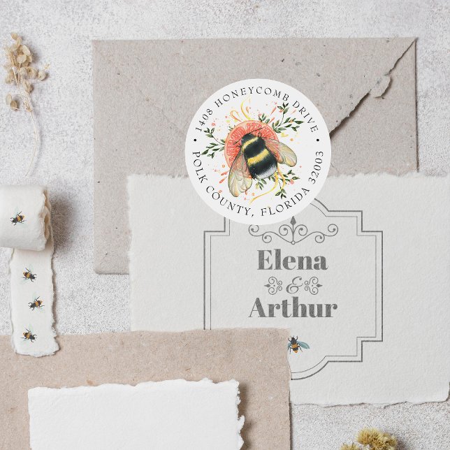 Elegant Citrus Botanical Bumble Bee | Address Classic Round Sticker (Creator Uploaded)