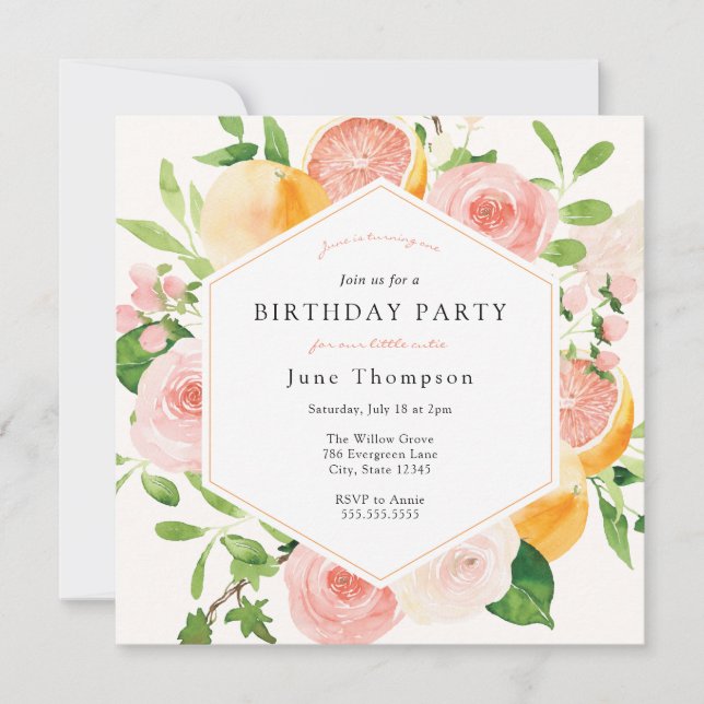 Elegant Citrus Floral Birthday Invitation (Front)