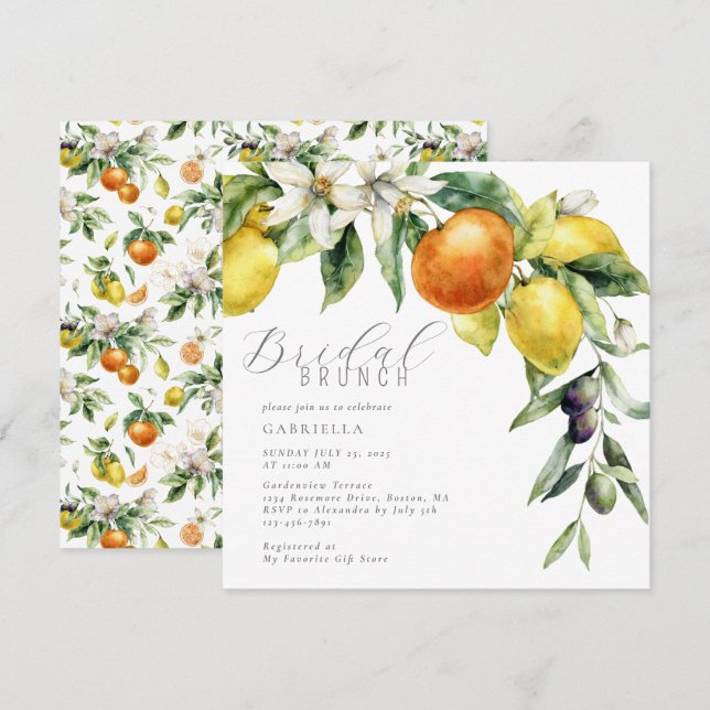 Elegant Citrus Lemon Orange Bridal Shower Invitation (Front/Back)