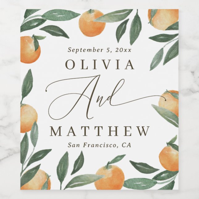 Elegant Citrus Tuscan Wedding | Watercolor Orange Wine Label (Single Label)