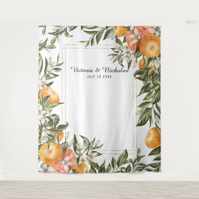 Elegant Citrus Wedding Photo Booth Backdrop Tapestry (Front)