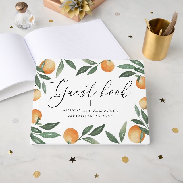 Elegant Citrus Wedding | Watercolor Summer Orange Guest Book (Front Open)