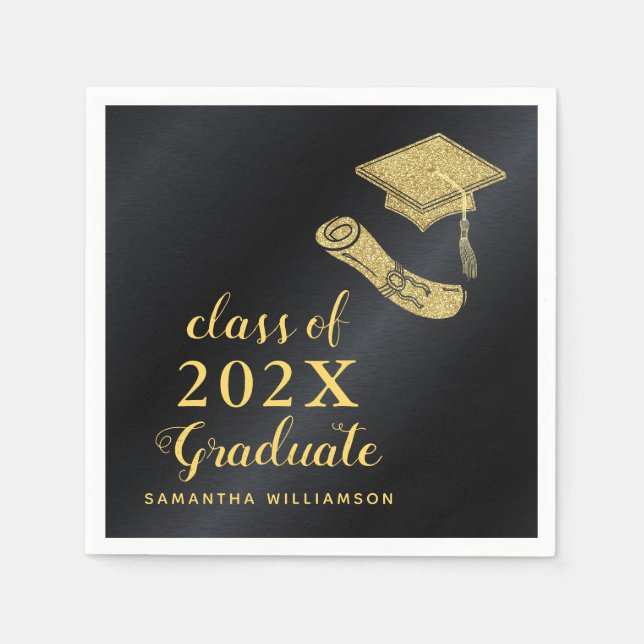 Elegant Class of 2025 Black and Gold Graduation Napkin (Front)