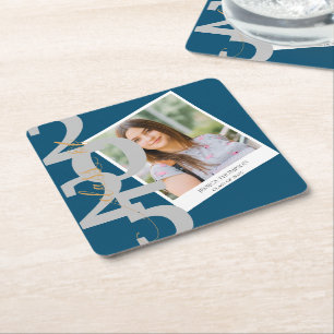 Elegant Class of 2025 Photo Graduation Party Square Paper Coaster