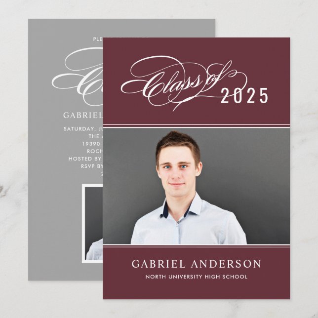 Elegant Class of 2025 Red Photo Graduation Party Invitation (Front/Back)