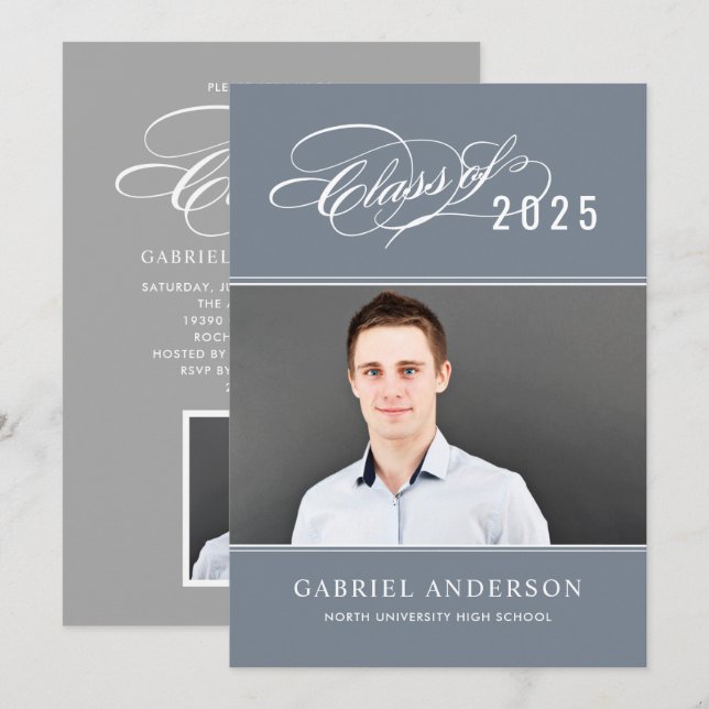 Elegant Class of 2025 Slate Photo Graduation Party Invitation (Front/Back)