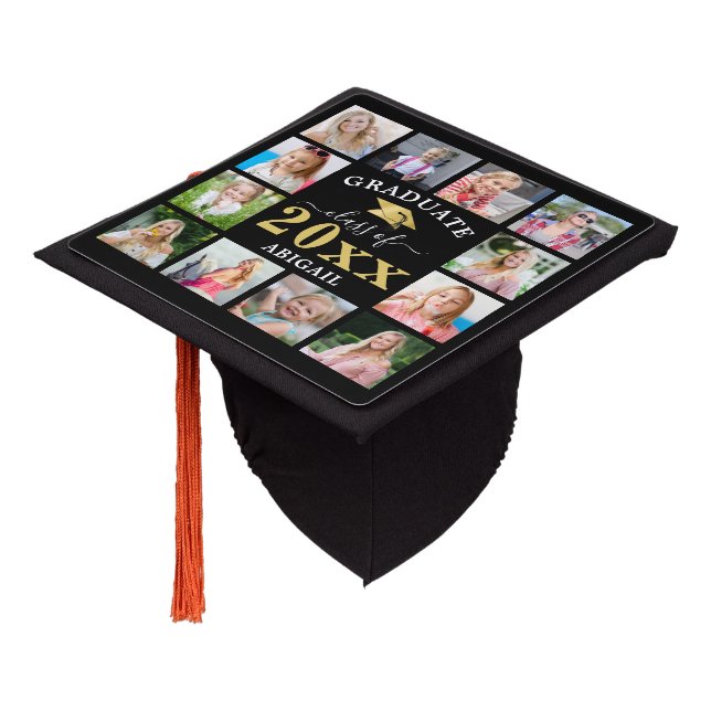 Elegant Class Year 12 Photo Collage Black Gold Graduation Cap Topper (Angled)