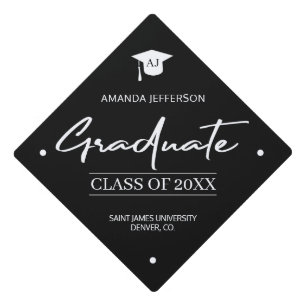 Elegant class year and school black monogrammed graduation cap topper