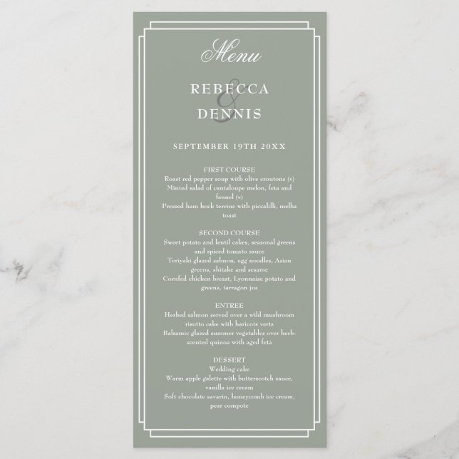Elegant Classic Art Deco Sage Green Wedding Menu (Front)