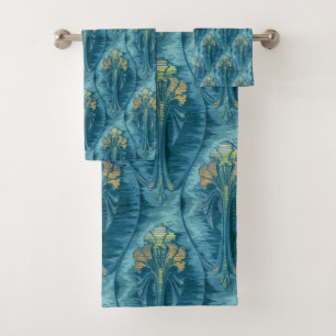Elegant Classic Art Nouveau Teal Wavy Floral Bath Towel Set