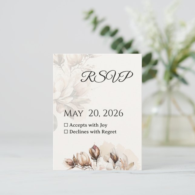 Elegant Classic Beige Magnolia RSVP Card (Standing Front)