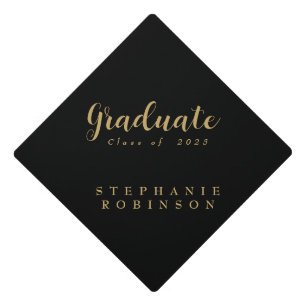 Elegant classic black and gold script  graduation cap topper
