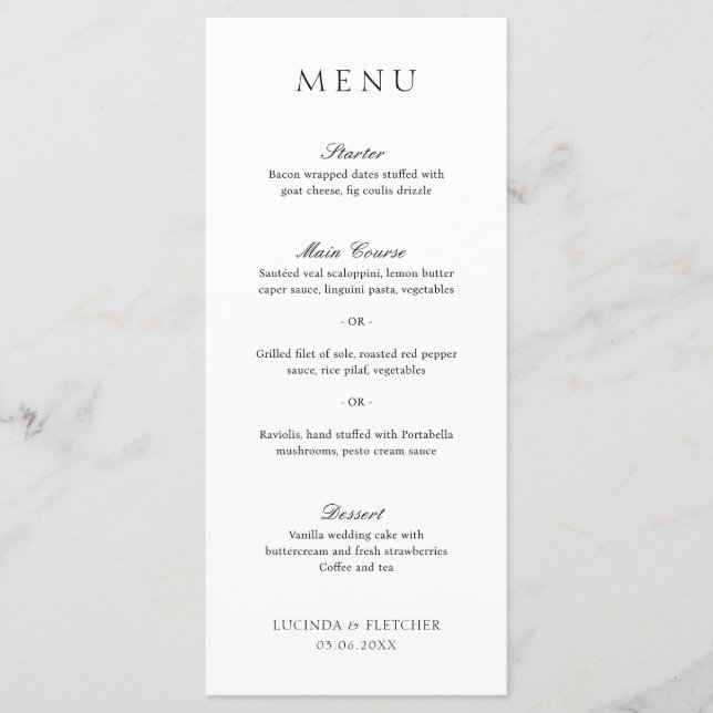Elegant Classic Black and White Formal Wedding Menu (Front)
