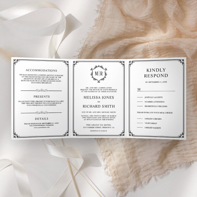 Elegant Classic Black and White Monogram Wedding Tri-Fold Invitation (Creator Uploaded)