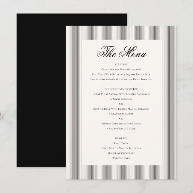 Elegant Classic Black Cream White Wedding Dinner Menu (Front/Back)