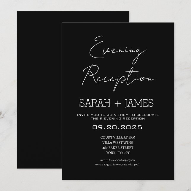 Elegant Classic Black Evening Reception Wedding  Invitation (Front/Back)