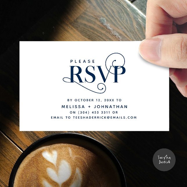 Elegant Classic, Black Script, RSVP respond Enclosure Card (Wedding invitation RSVP via Phone or email respond reminder Enclosure Card in aesthetic Navy Blue)