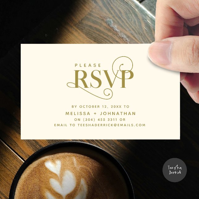 Elegant Classic, Black Script, RSVP respond Enclosure Card (Wedding invitation RSVP via Phone or email respond reminder Enclosure Card in aesthetic yellow gold)