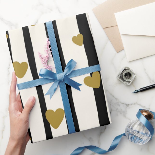 Elegant Classic Black Stripes Golden Heart Wrapping Paper (Gifting)