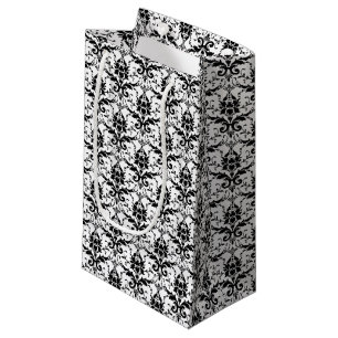 Elegant Classic Black White Floral Damask Wedding Small Gift Bag