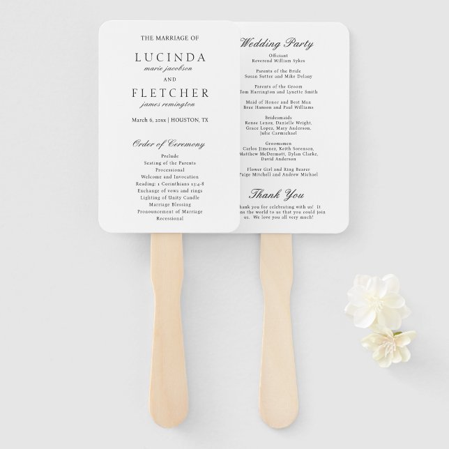 Elegant Classic Black White Formal Wedding Program Hand Fan (Front and Back)