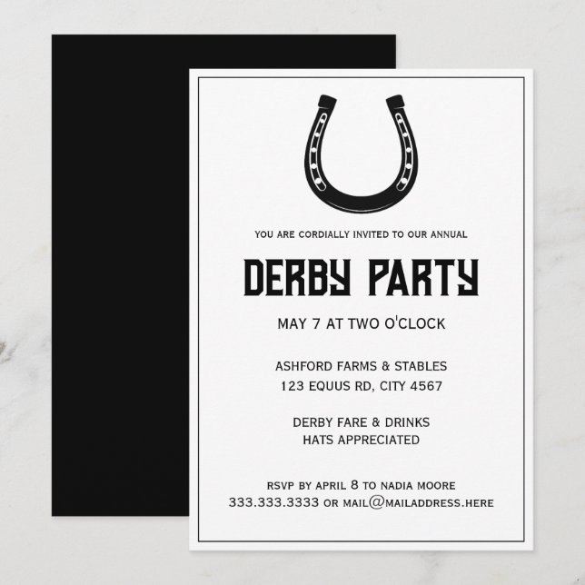 Elegant Classic Black White Horse Race Derby Party Invitation (Front/Back)
