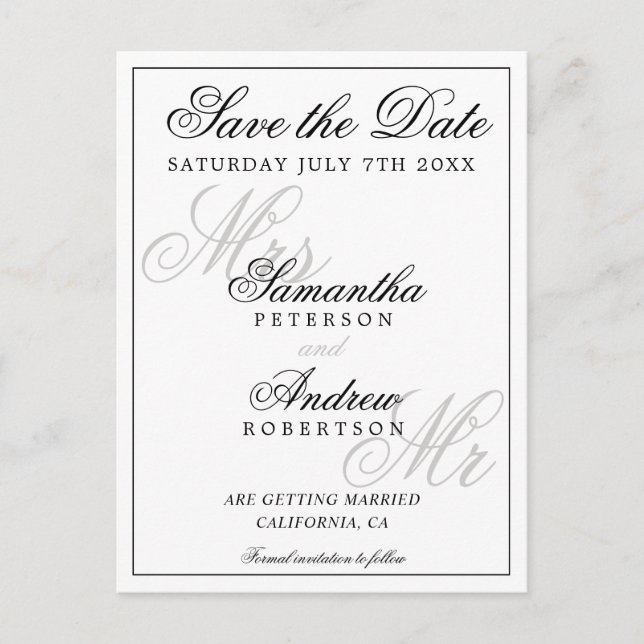 Elegant classic black white script save the date announcement postcard (Front)