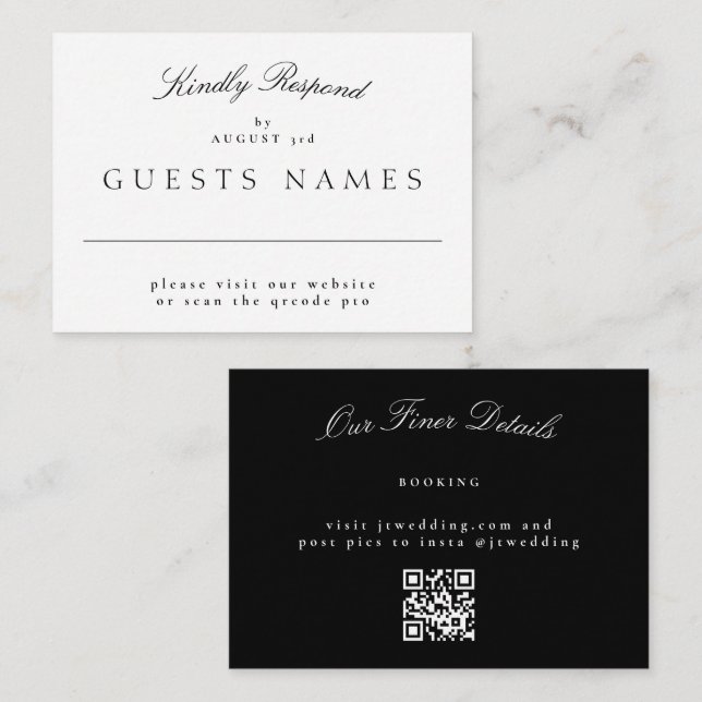 Elegant Classic Black & White Wedding QR CODE RSVP Card (Front/Back)
