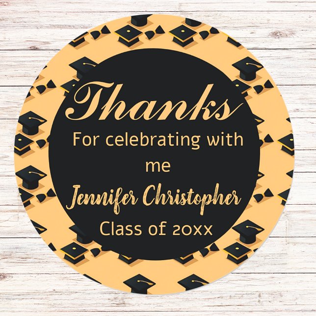 Elegant Classic Black & Yellow Script graduation  Classic Round Sticker (Creator Uploaded)