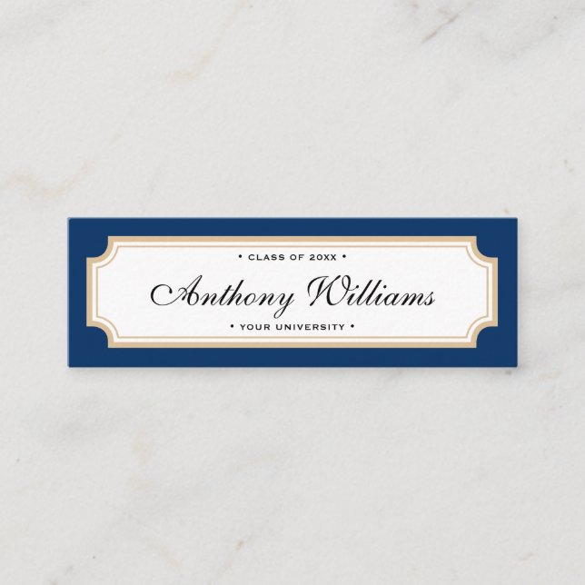 Elegant classic blue and gold graduation name card (Front)