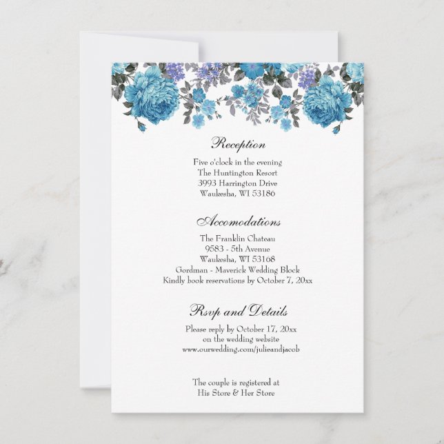 Elegant Classic Blue Floral Wedding Reception Invitation (Front)