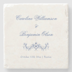 Elegant Classic Blue French Country Floral Wedding Stone Coaster