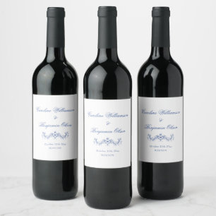Elegant Classic Blue French Country Floral Wedding Wine Label