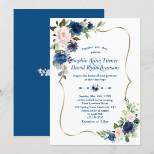 Elegant Classic Blue Pink Flowers Gold Wedding Invitation