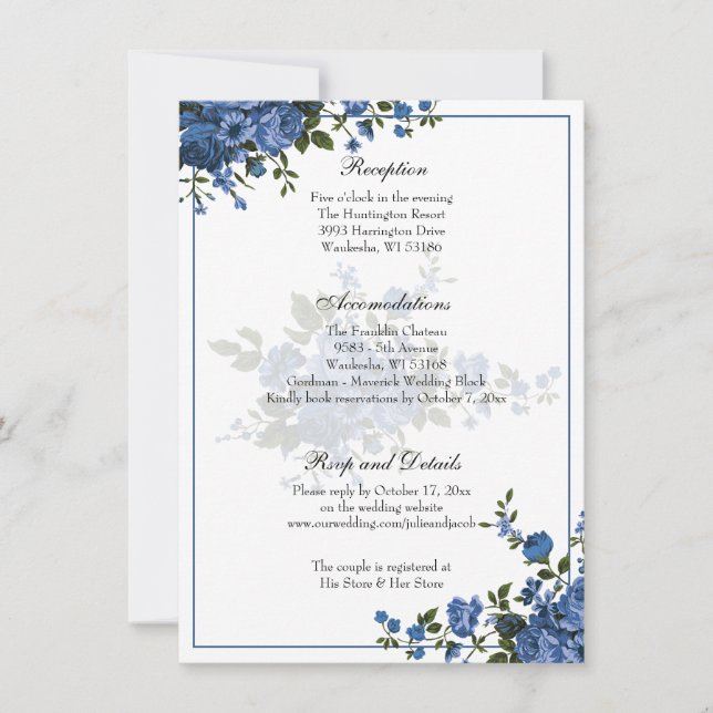 Elegant Classic Blue Roses Wedding Reception Invitation (Front)
