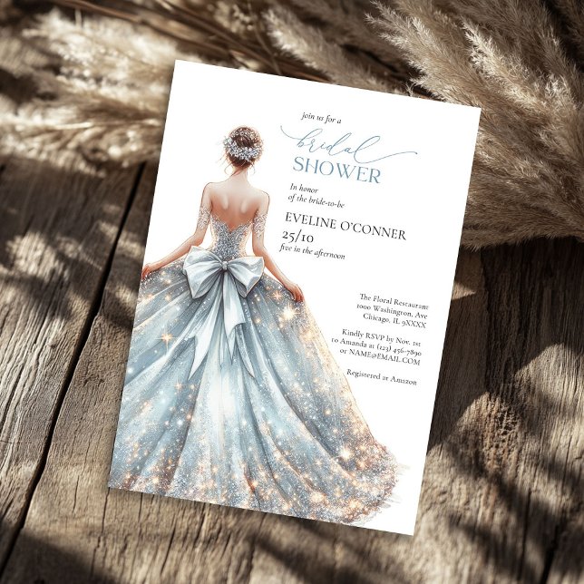 Elegant classic blue sparkles wedding gown floral invitation (Elegant classic blue sparkles wedding gown floral invitation)