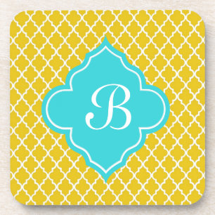 Elegant, classic bright yellow quatrefoil monogram coaster