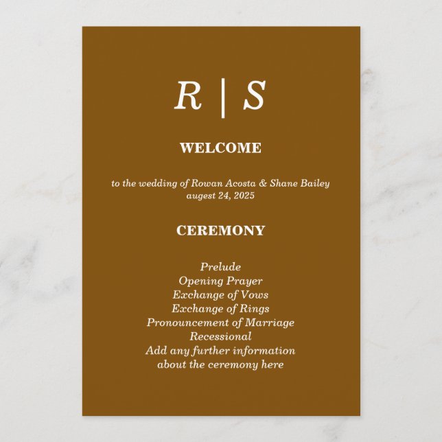 Elegant Classic Brow Monogram Wedding Program Card (Front)