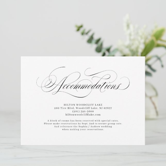 Elegant classic calligraphy wedding accommodations invitation (Standing Front)