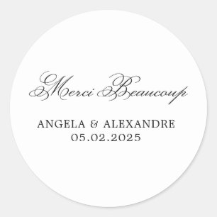 Elegant Classic Calligraphy Wedding Merci Beaucoup Round Sticker