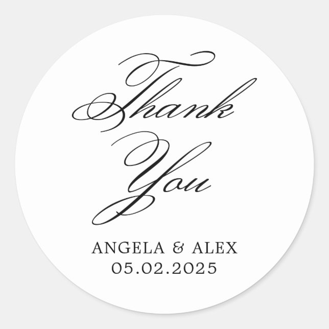 Elegant Classic Calligraphy Wedding Thank You 2 Round Sticker (Front)