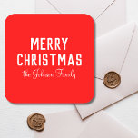Elegant Classic Clean Red Christmas   Square Sticker<br><div class="desc">A classic Christmas Sticker with a vibrant red colour. Featuring bold,  modern white text that reads "Merry Christmas, " alongside a personalized handwritten name or surname of the recipient,  making it a thoughtful and unique touch for holiday gifting.</div>