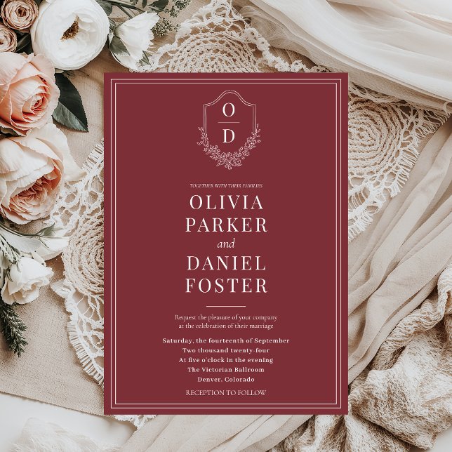 Elegant Classic Crest Burgundy Wedding Invitation (Creator Uploaded)
