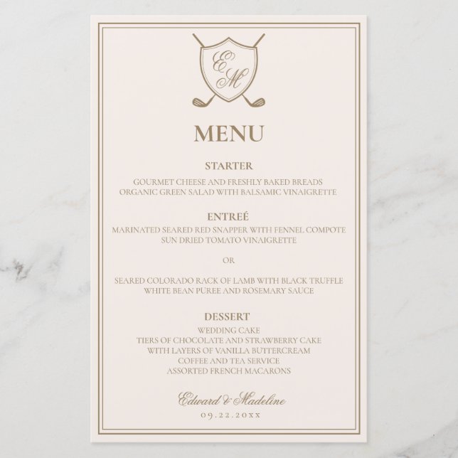 Élégant Classic Crest Monogram Golf Menu Mariage (Devant)